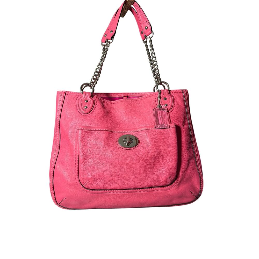 Coach 23841 Poppy Pink Leather ChainLink Strap Shoulder Bag Tote Purse Clear Tag